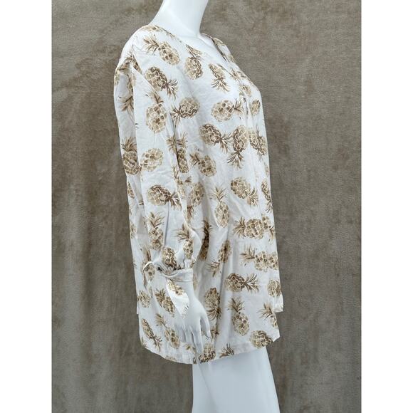 Coral Bay Top Womens 3X Ivory Tan Pineapples Linen Blend Tropical Resort Beach‎ - Picture 3 of 10